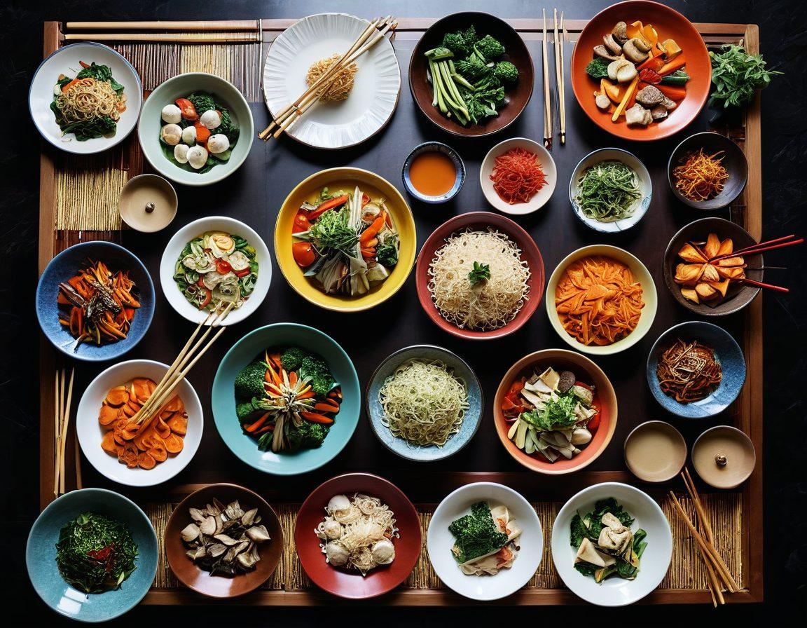 A vibrant kitchen scene showcasing a variety of wholesome dishes, elegantly presented with chopsticks beside each plate. Include colorful fresh ingredients like vegetables and herbs, with a soft, warm light illuminating the space. Background elements like bamboo steamer baskets and traditional ceramics highlight chopstick culture. Super-realistic. Vibrant colors.